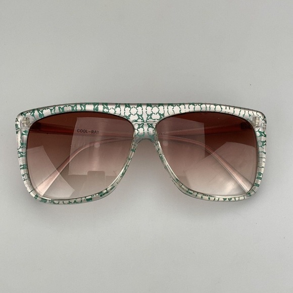 Vintage Cool-Ray Sunglasses Flat Top Shield Green Patterned Square Oversized - Picture 9 of 10